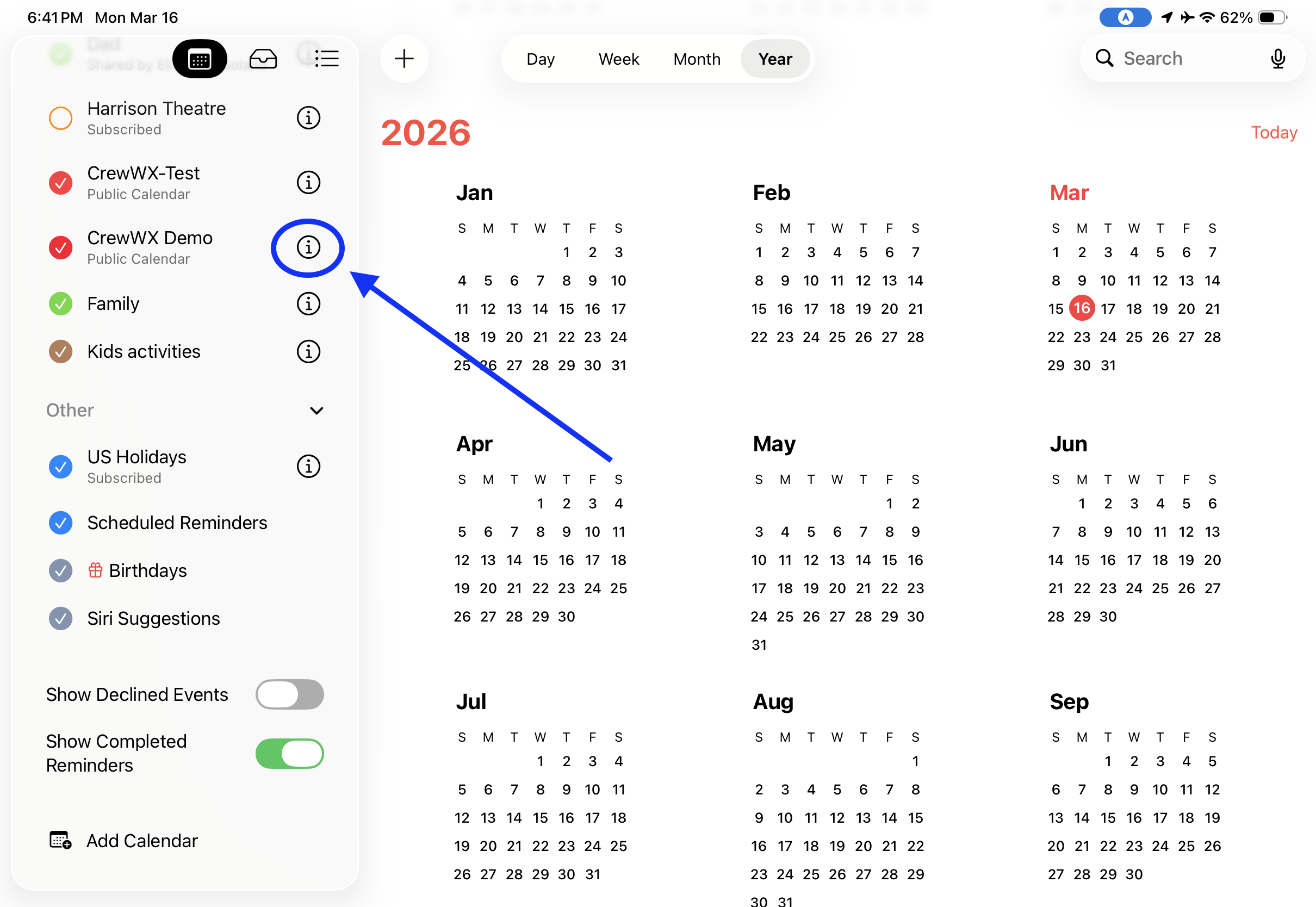 Tap the info button for the CrewHub calendar